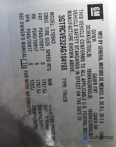 2010 GMC Sierra 1500 Xtra Fuel Economy z USA, uszkodzony, nr VIN 3GTRCVE32AG104193